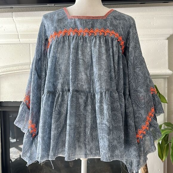 NWT Cousin Earl Lagenlook Florentine Blue Orange Bell SleevesTop Oversized Boho - Picture 11 of 16